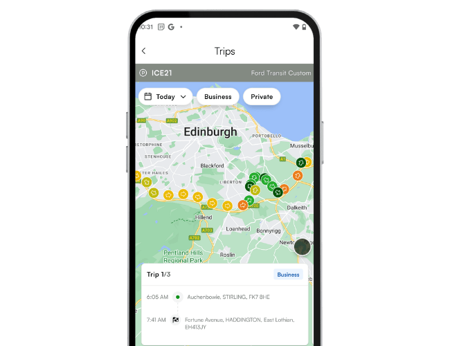 A smartphone screen displays a digital travel log with a map of Edinburgh, showing a route with numbered stops and a trip summary for a business journey on a transport app.