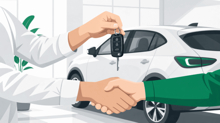 Two people shake hands while one person hands car keys to the other in front of a white car inside an autonoleggio dealership.
