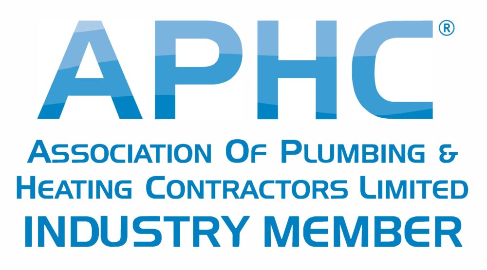 APHC logo with text: "Association of Plumbing & Heating Contractors Limited Industry Member" in blue, white background. Ideal for promoting industry membership and services such as Vehicle Tracking for Plumbers.