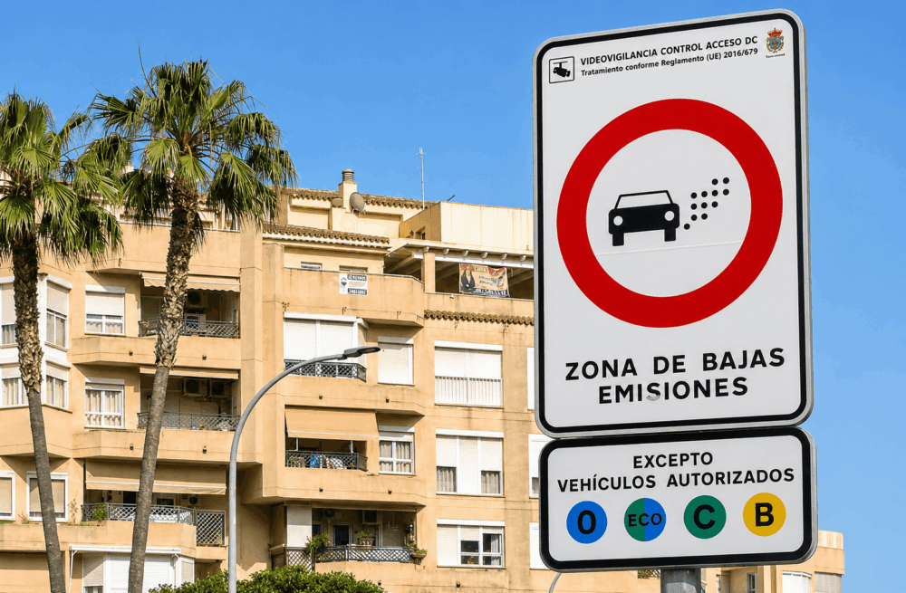 Señal de tráfico que indica una zona de bajas emisiones, en la que solo pueden circular los vehículos autorizados; al fondo se ven palmeras y edificios de apartamentos de color beige.