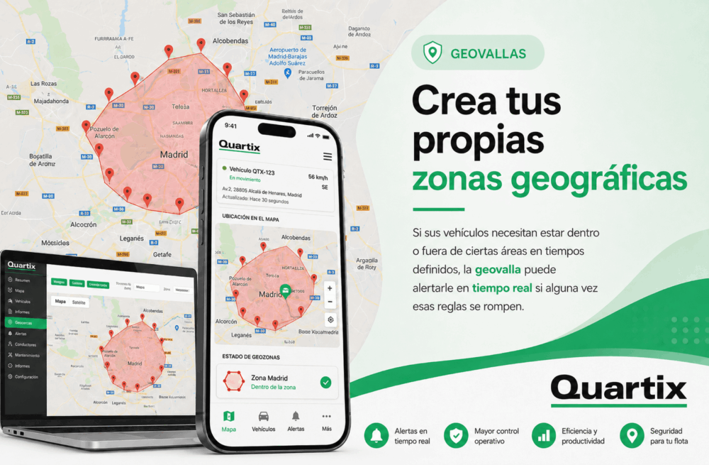 Una tableta y un portátil muestran un mapa con zonas geográficas delimitadas en rojo en Madrid; un texto promocional explica las alertas en tiempo real de Quartix para la gestión de flotas.