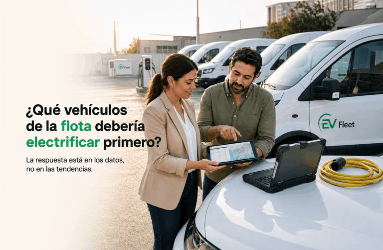 Two people review data on a tablet next to electric vans in a parking lot. A laptop and yellow charging cable are on the hood of a van. Text in Spanish asks which fleet vehicles should electrify first.
