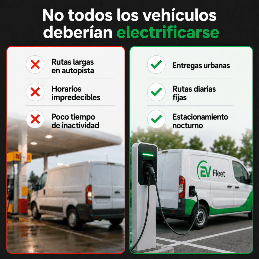 Comparación entre furgonetas de gasolina y eléctricas, con una lista de las ventajas y desventajas de la electrificación: idoneidad para rutas fijas y repartos urbanos frente a los problemas que plantean las rutas largas y los horarios impredecibles.