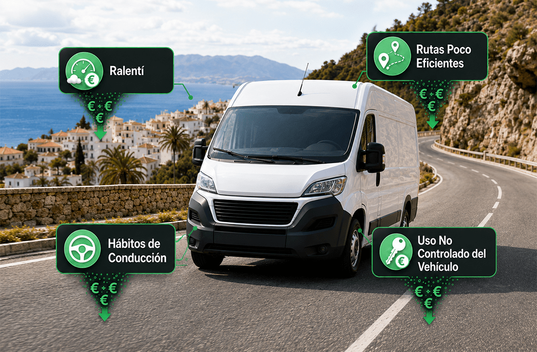 A white delivery van drives on a coastal road with icons highlighting fuel-saving tips: idle time, driving habits, efficient routes, and unchecked vehicle use.
