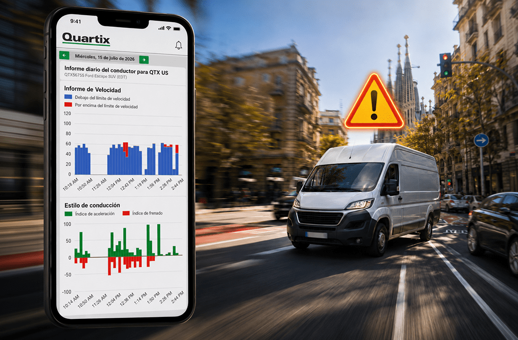 A smartphone displays driving data in Spanish. In the background, a white van drives on a city street near a digital warning sign. Trees and buildings line the road.