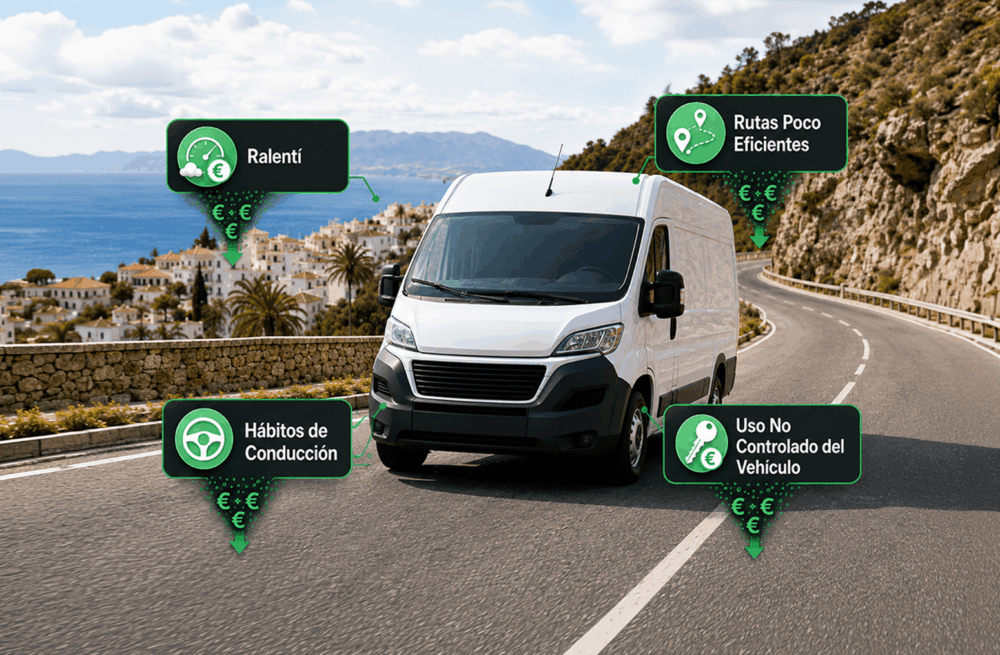 A white delivery van drives on a coastal road with four green icons indicating driving habits, idle time, inefficient routes, and unauthorized vehicle use.