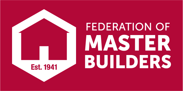 Logo for the Federation of Master Builders featuring a white house icon with “Est. 1941” on a red background and the organisation name in bold white text, reflecting the prestige seen in Quartix awards.