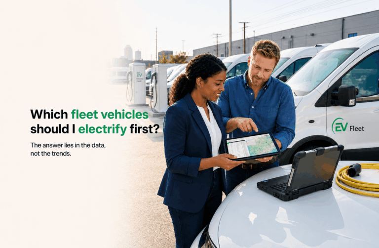 Two people stand by a white van with EV Fleet logos, reviewing data on a tablet and laptop near a row of electric vehicles at a charging station.