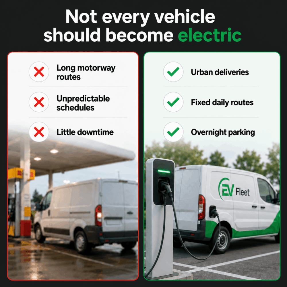 Comparison of unsuitable (left) and suitable (right) scenarios for electric vehicles, listing factors like route type, schedule predictability, and parking availability.