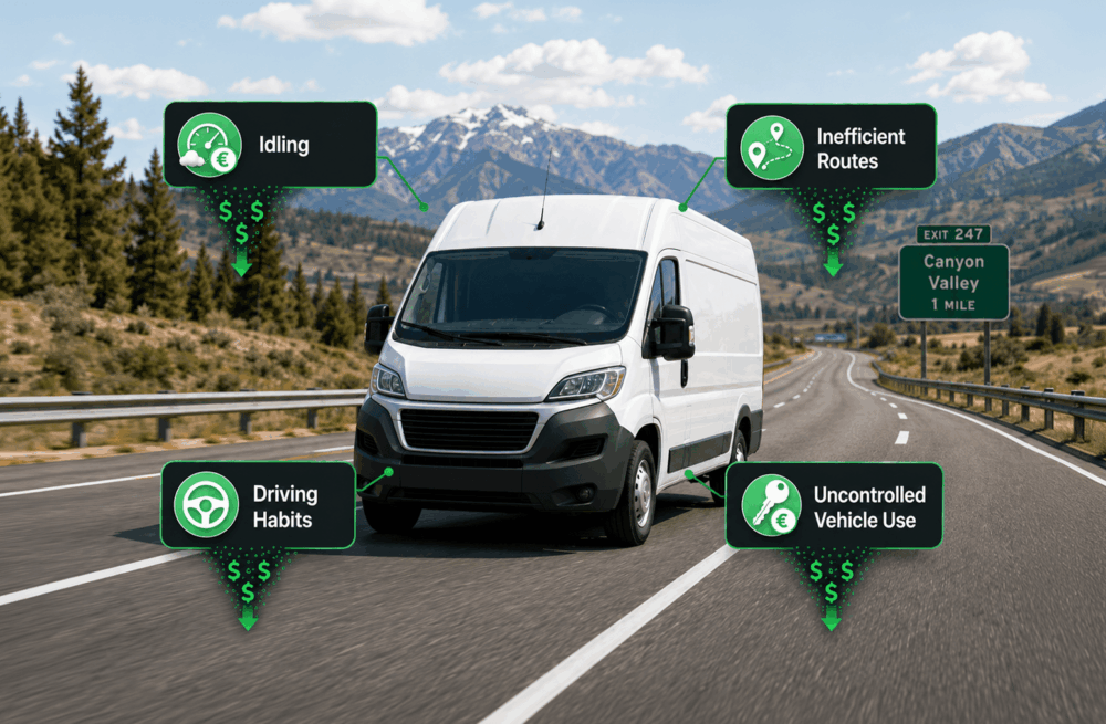 A white delivery van drives on a highway with four callout graphics showing causes of high fleet costs: idling, inefficient routes, driving habits, and uncontrolled vehicle use.