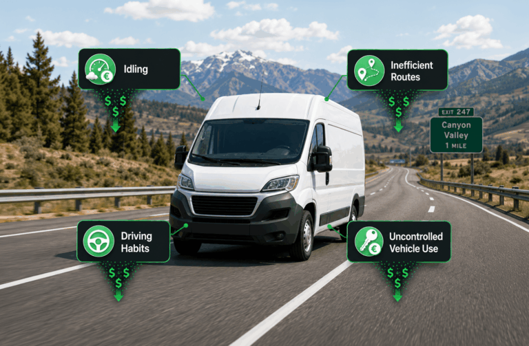 A white delivery van drives on a highway with four callout graphics showing causes of high fleet costs: idling, inefficient routes, driving habits, and uncontrolled vehicle use.