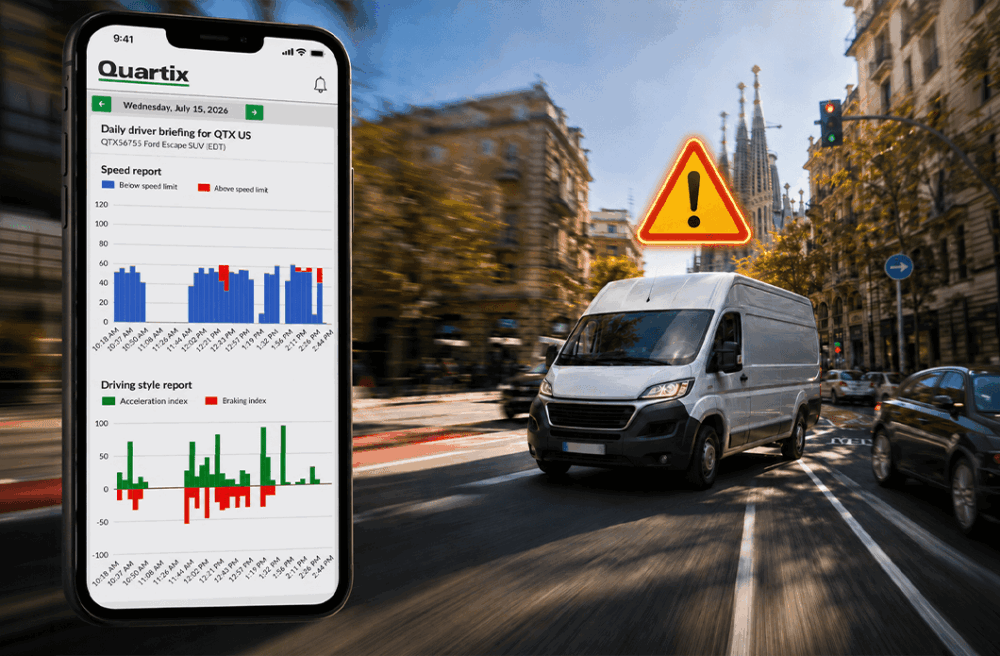 A smartphone displays driving data charts next to a moving white van on a city street, with a caution symbol superimposed over the scene.