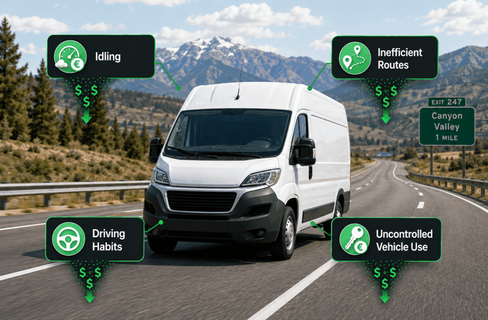 A white delivery van drives on a highway with labeled callouts for idling, inefficient routes, driving habits, and uncontrolled vehicle use, each linked to increased costs.