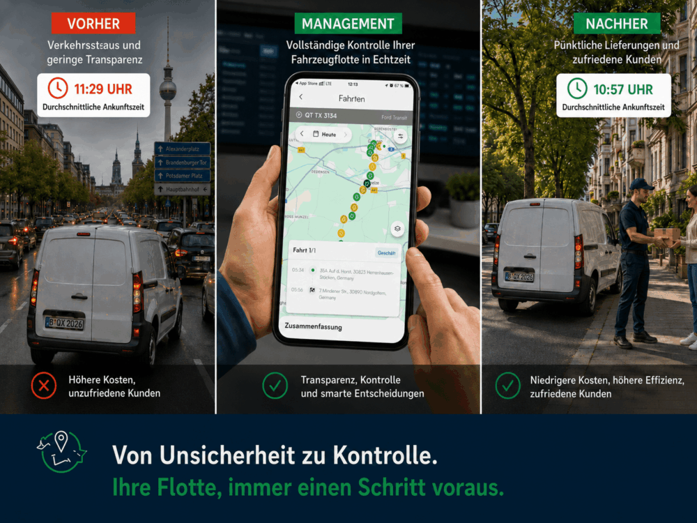 In drei Grafiken wird das Liefermanagement verglichen: vor der Lieferung (Verzögerungen, unklarer Status und mangelnde Kostenkontrolle im Fuhrpark), während der Lieferung (Echtzeit-Verfolgung) und nach der Lieferung (pünktliche, effiziente Lieferungen mit verbesserter Kostenkontrolle im Fuhrpark), jeweils mit entsprechenden Bildern und Texten.