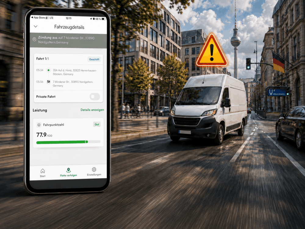 Ein Smartphone zeigt Fahrzeugdaten neben einem weißen Transporter an, der auf einer Stadtstraße fährt, und trägt so zur Kostenkontrolle im Fuhrpark bei – im Hintergrund sind ein digitales Warnschild und der Berliner Fernsehturm zu sehen.
