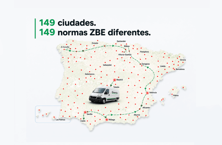 Map of Spain showing a van, a green travel route, and red dots marking 149 cities, highlighting the message "149 ciudades. 149 normas ZBE diferentes.