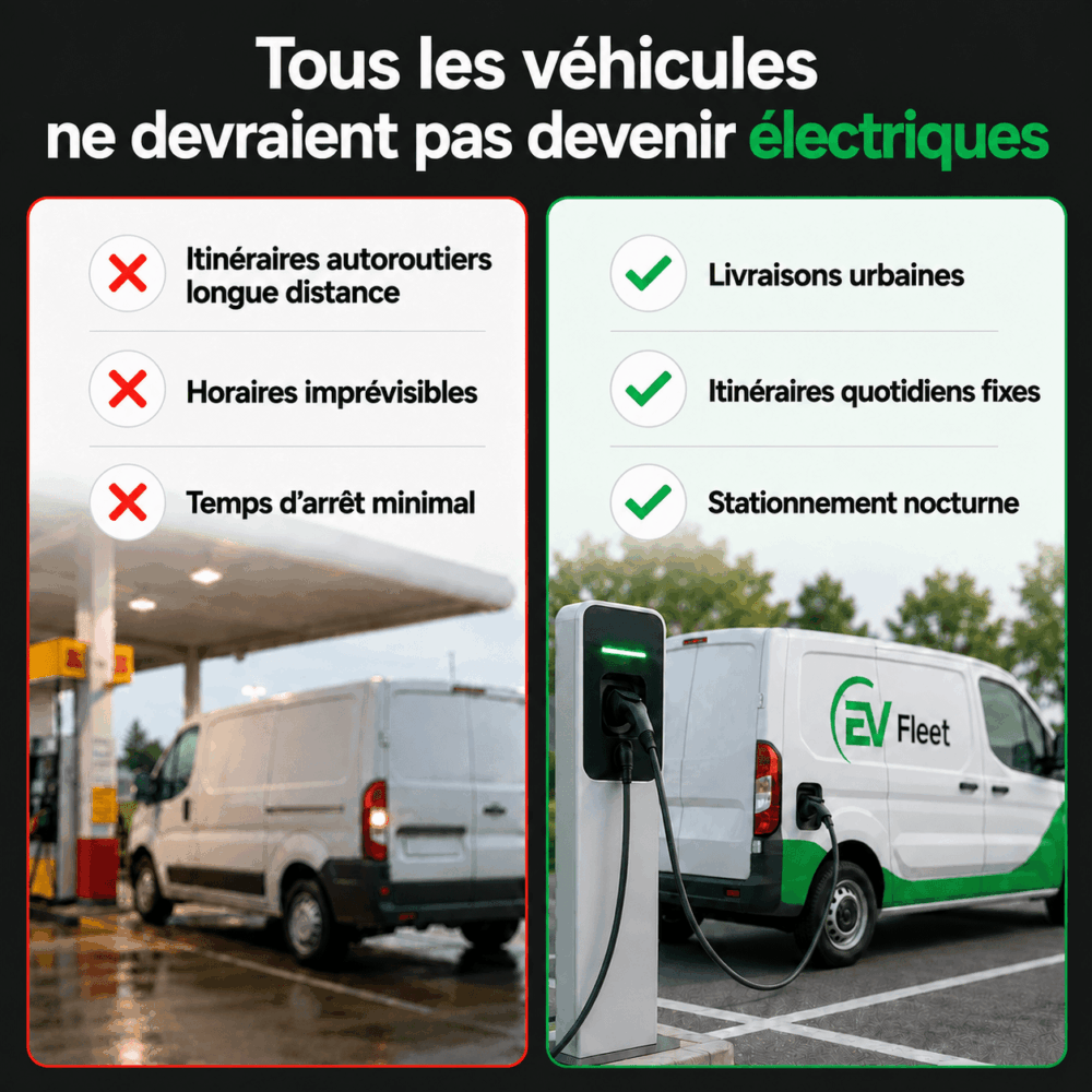 Comparaison entre deux fourgons : l’un faisant le plein dans une station-service, l’autre se rechargeant à une borne pour véhicules électriques. À droite, une liste met en avant les tâches adaptées à la flotte de véhicules électriques, tandis qu’à gauche, celles qui ne le sont pas sont affichées.