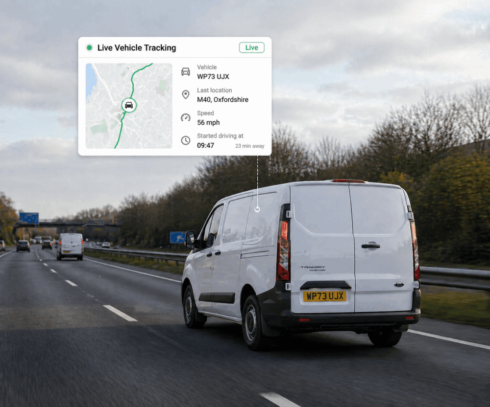 A NASC member white van drives on a motorway with a digital overlay showing live vehicle tracking data, route, speed, location, and estimated arrival time.