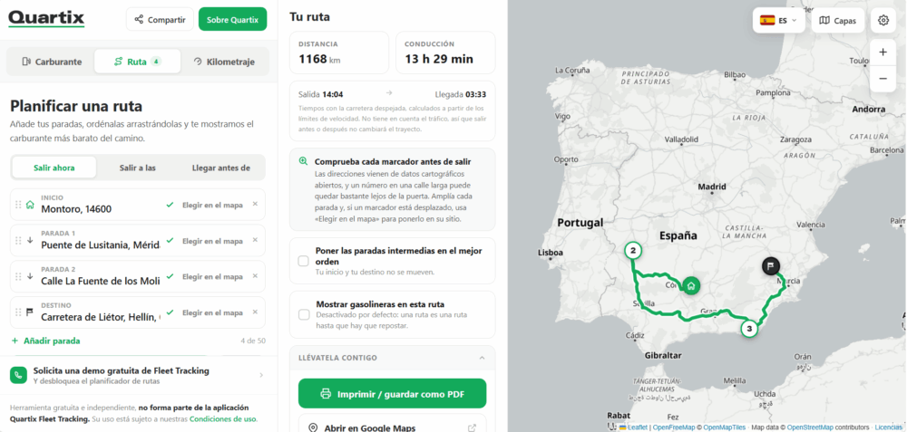 Route planner showing a map from Mérida, Spain to Villagarcía de Arousa, Spain, with stops and directions listed on the left and the route marked on the map to the right. Access free fleet fuel tools to optimize your journey and manage efficiency along the way.