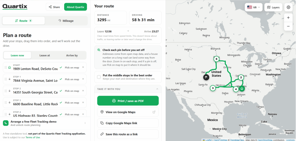 A Quartix route planner screen showing a mapped driving route across several U.S. states, with route details, addresses, and options for viewing or sharing the route—making it easy to manage journeys with powerful free fleet tools.