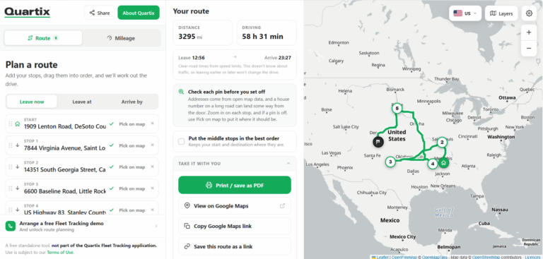 A Quartix route planner screen showing a mapped driving route across several U.S. states, with route details, addresses, and options for viewing or sharing the route—making it easy to manage journeys with powerful free fleet tools.