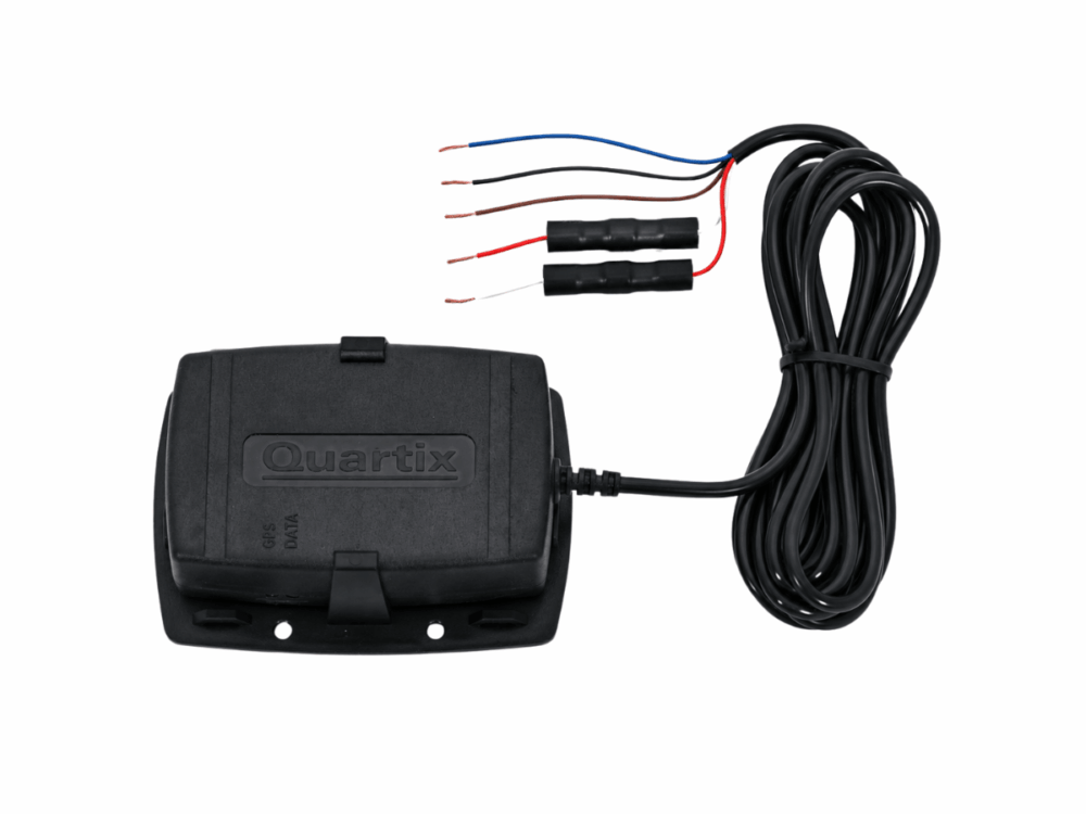Black Quartix GPS tracking device with a connected cable ending in three pairs of exposed wires: red, blue, and black. Device and cable are isolated on a white background—ideal for EV Rally 2026 applications where precise tracking is essential.