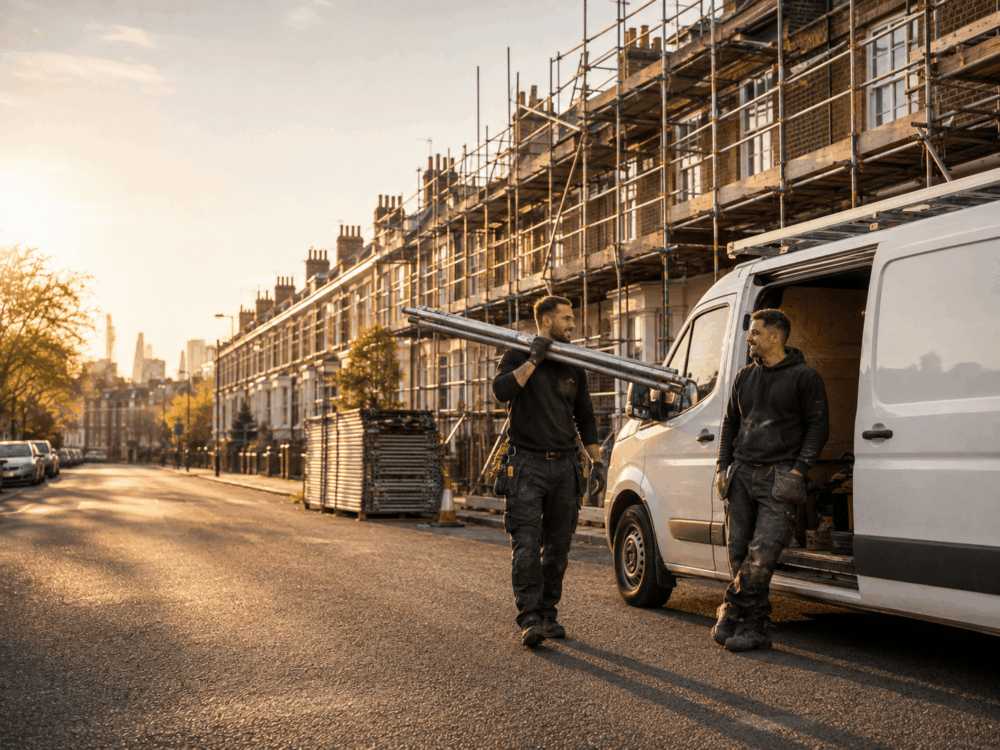 Two construction workers unload metal pipes from a white van on a residential street, where scaffolding lines nearby buildings as building contractors prepare for evening work under the glow of sunset.