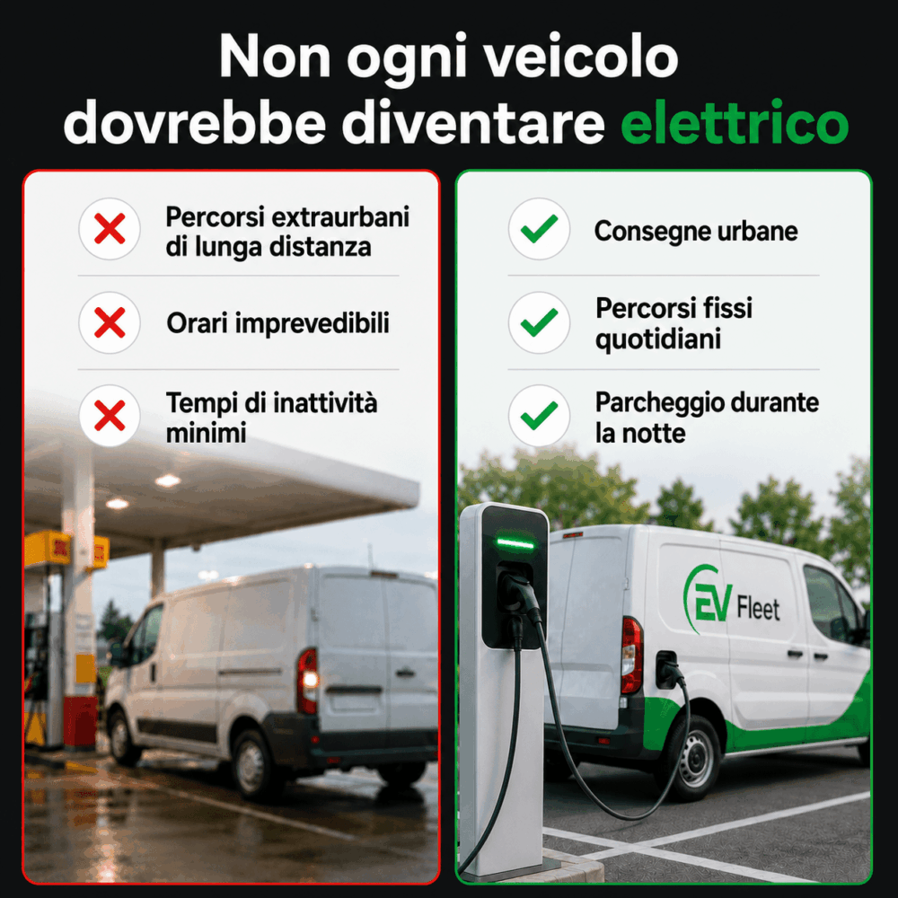 Confronto tra due furgoni: uno presso una stazione di servizio per viaggi lunghi e orari imprevedibili, l’altro in ricarica per le consegne in città con sosta notturna, mettendo in evidenza le situazioni in cui una flotta di veicoli elettrici si distingue rispetto ai veicoli tradizionali.