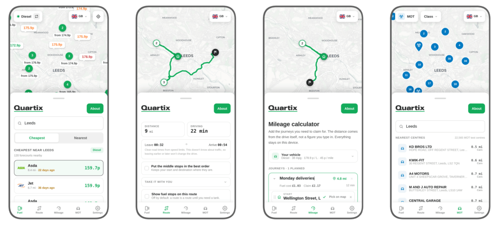 Four smartphone screens show a vehicle tracking and journey planning app with features like route mapping, mileage calculator, and search results for car repair locations in Leeds.