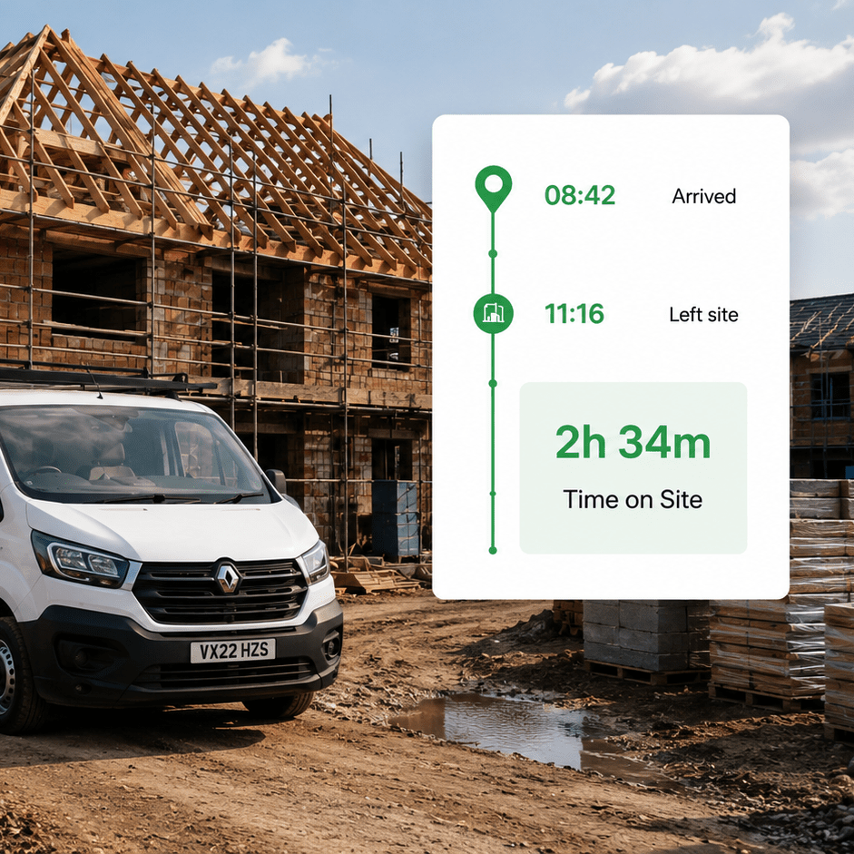 A white van parked at a construction site with a partially built house in the background and a digital time log showing site arrival and departure times, demonstrating effective vehicle tracking for builders.