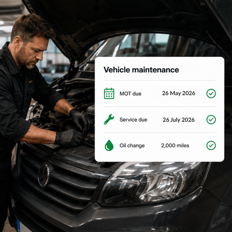 A mechanic works on a car in a garage. An overlay lists vehicle maintenance tasks: MOT due 26 May 2026, service due 26 July 2026, and oil change due in 2,000 miles—an organised approach that highlights the value of Vehicle Tracking for Builders.