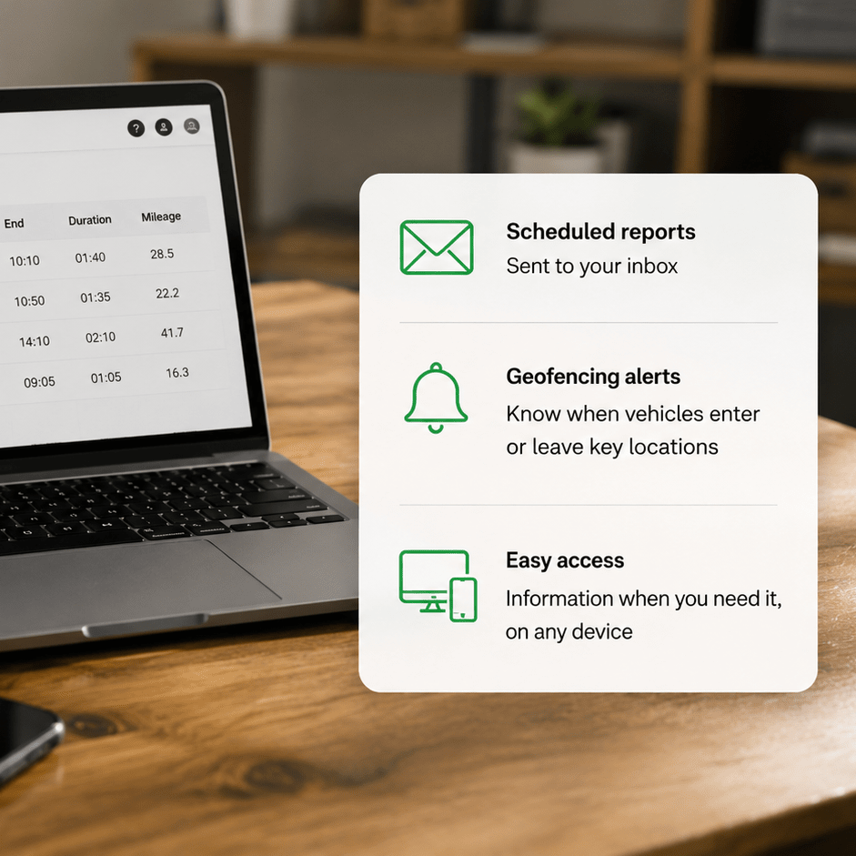 A laptop displays a vehicle trip report; next to it are icons and text highlighting features: scheduled reports, geofencing alerts, and easy access to information on any device—making Vehicle Tracking for Builders effortless and efficient.