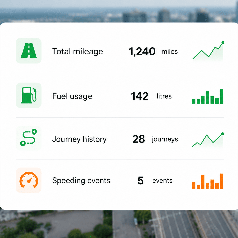 Dashboard showing total mileage, fuel usage, journey history, and speeding events data alongside a map with a marked travel route through a city—ideal for Vehicle Tracking for Builders.