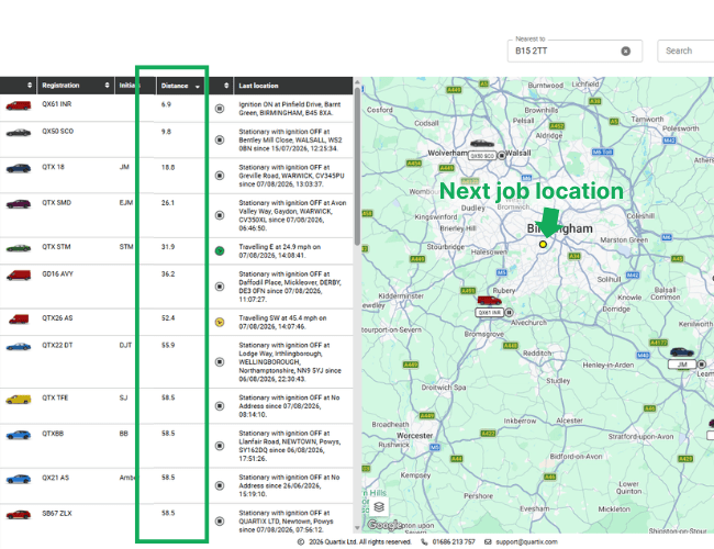 Screenshot of a vehicle tracking dashboard designed for scaffolding and building contractors, showing a list of cars, their distances from Birmingham, and a map with “Next job location” marked on Birmingham.