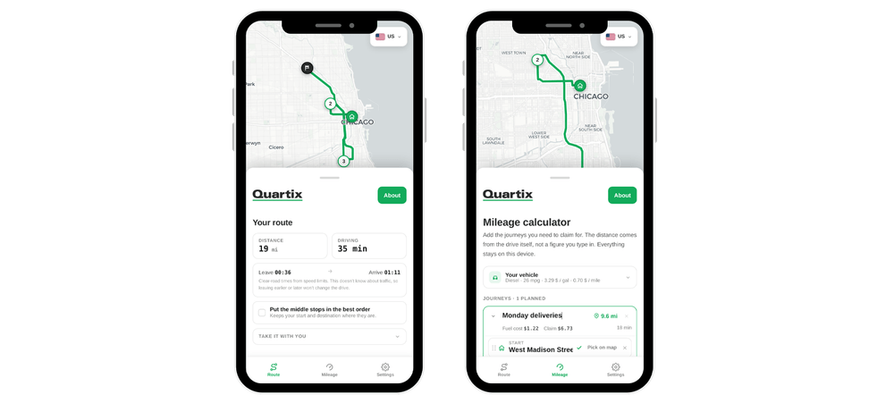 Two smartphones display a vehicle tracking app: the left shows a route map and trip details; the right highlights free fleet tools such as a mileage calculator, set against a Chicago city map background.