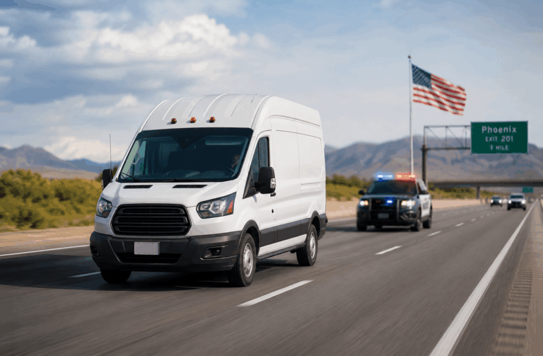 A white van drives on a highway with a police car following behind, lights flashing. An American flag and a road sign for Phoenix exit are visible in the background.