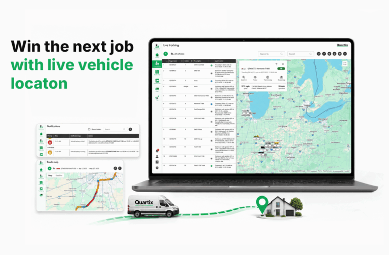 A laptop displays a vehicle tracking software with maps; a van’s route leads to a house icon, promoting “live vehicle location” for job management.