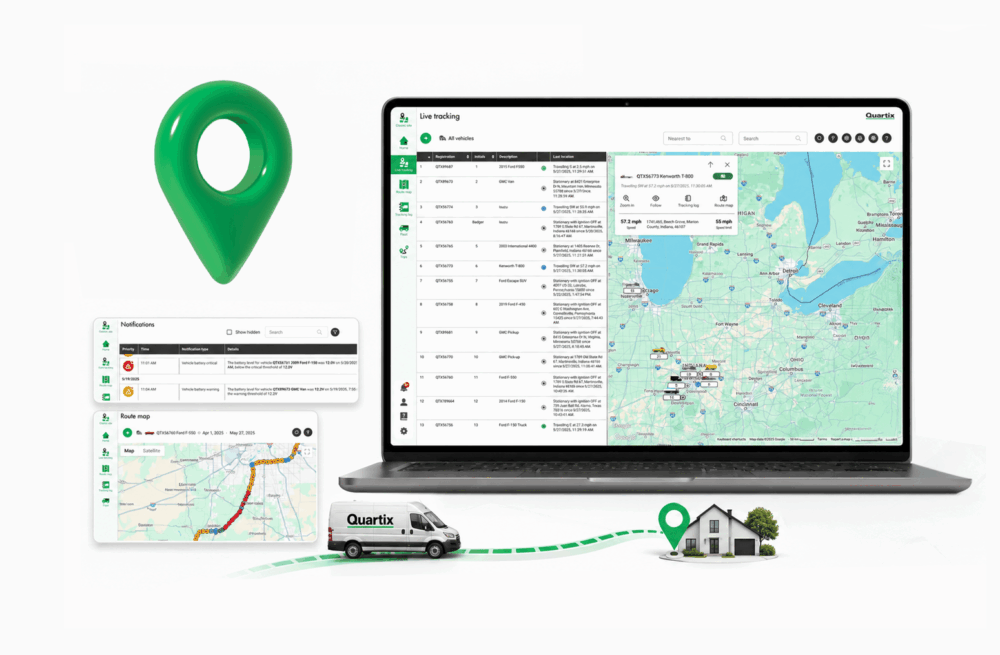 A laptop displays a GPS fleet tracking map. Nearby are a location pin, alert cards, a van with “Quartix” branding, and a graphic line leading to a house.
