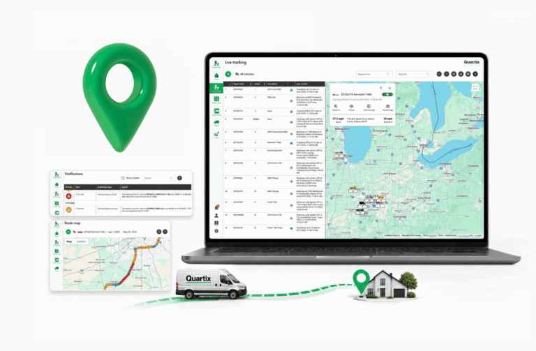 A laptop displays a GPS fleet tracking map. Nearby are a location pin, alert cards, a van with “Quartix” branding, and a graphic line leading to a house.
