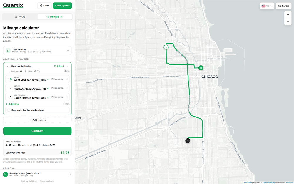 A map of Chicago displays a calculated driving route, with a left panel showing mileage, cost details, and route stops from West Madison Street to South Halsted Street. Access free fleet tools for efficient trip planning and route management directly alongside your map display.