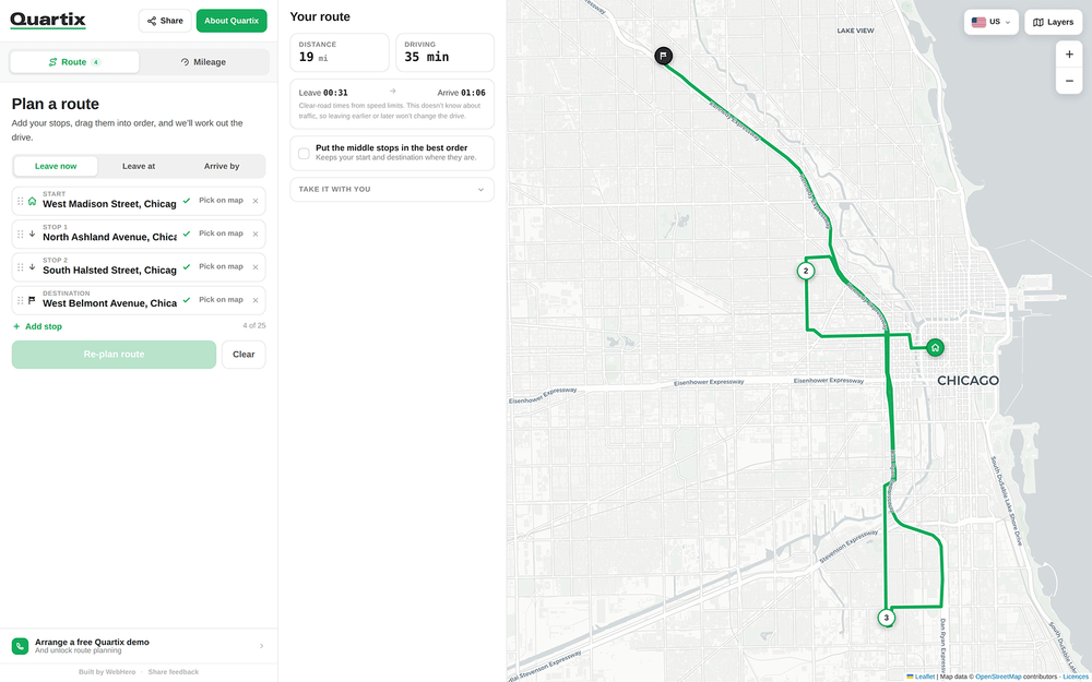 A map showing a planned driving route in Chicago with stops at West Madison Street, North Ashland Avenue, South Halsted Street, and West Belmont Avenue. Route details and timing are listed on the left, making it easy to optimize your journey using free fleet tools.