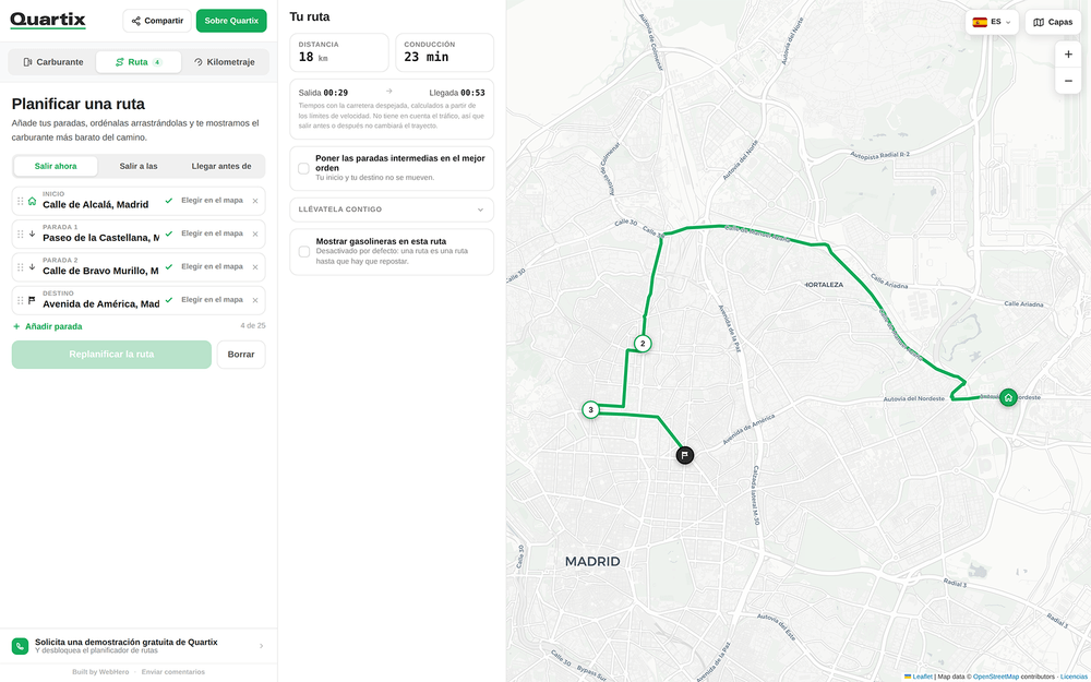 Un mapa digital muestra una ruta en coche por Madrid desde la calle de Alcalá hasta la calle de Bravo Murillo, con las paradas señaladas y los detalles del itinerario a la izquierda, complementados con herramientas gratuitas de gestión del combustible para flotas que ayudan a optimizar el trayecto.