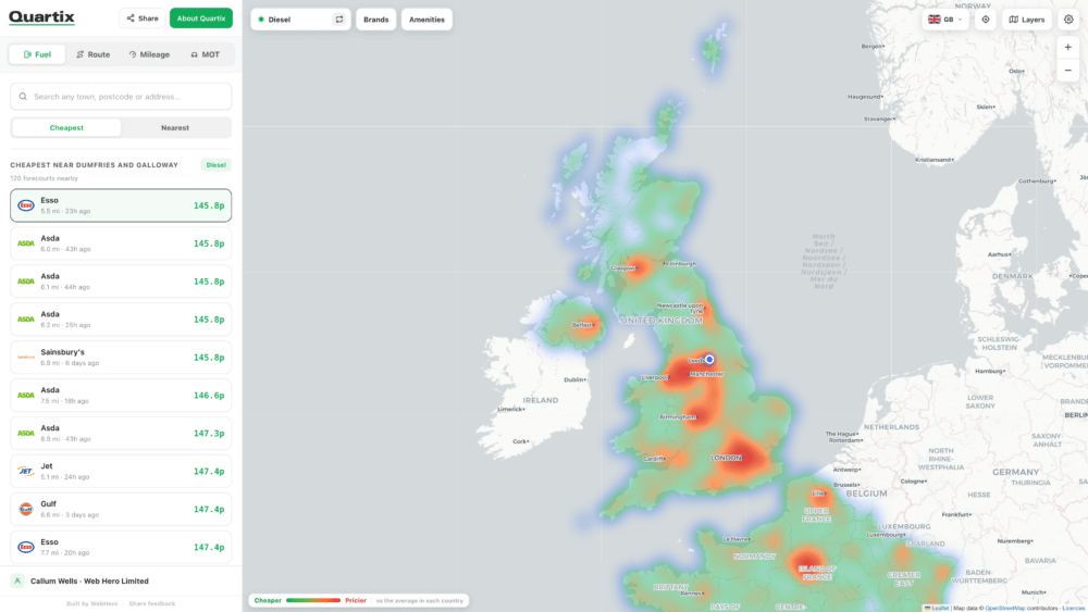 A heatmap of electric vehicle charging stations in the UK and Ireland, with a sidebar listing station locations and prices.