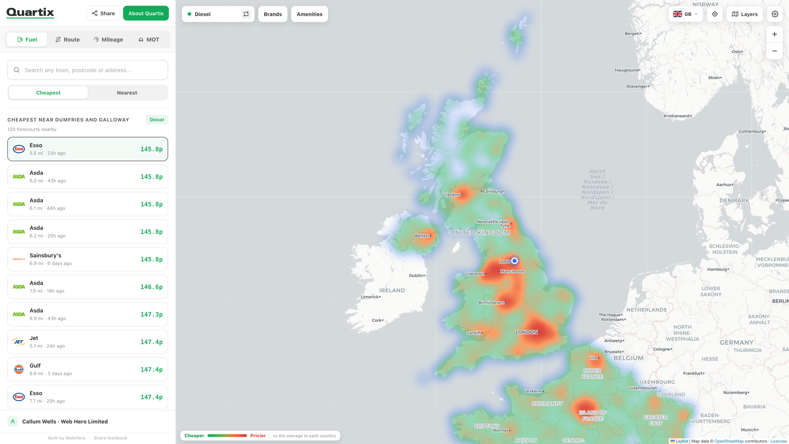 A heatmap of electric vehicle charging stations in the UK and Ireland, with a sidebar listing station locations and prices.