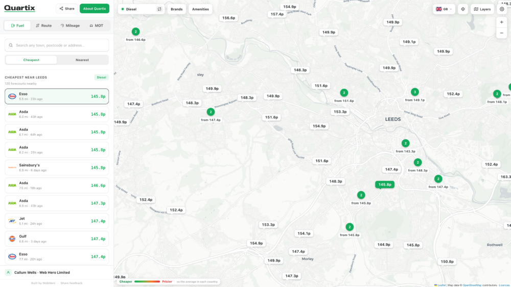 Map of Leeds showing petrol stations with fuel prices listed; sidebar on left displays cheapest petrol stations and prices in a vertical list.