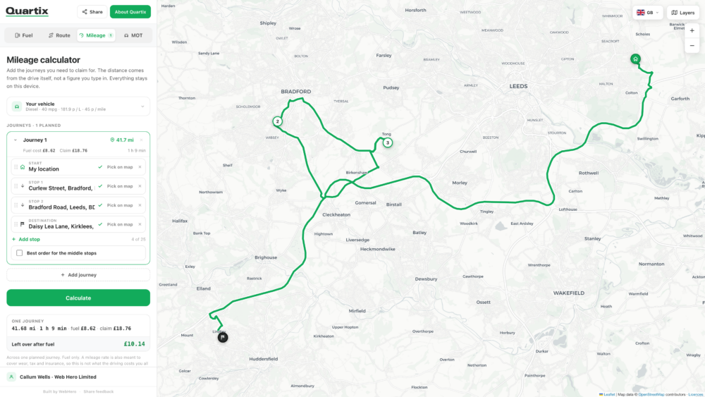Map showing a multi-stop vehicle route from near Leeds to Huddersfield, passing through Bradford, with journey information and mileage calculator displayed on the left.