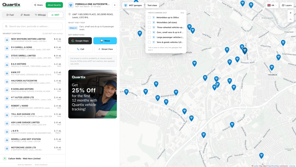 Map interface showing multiple marked locations of MOT garages in Leeds, UK, with a left sidebar listing business details and a Google Maps window displaying a Quartix vehicle tracking advert.