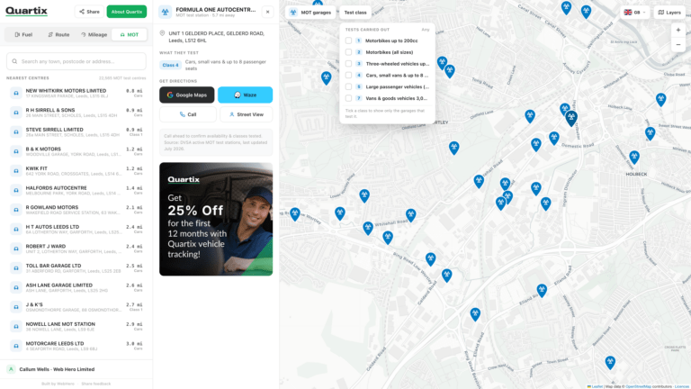 Map interface showing multiple marked locations of MOT garages in Leeds, UK, with a left sidebar listing business details and a Google Maps window displaying a Quartix vehicle tracking advert.