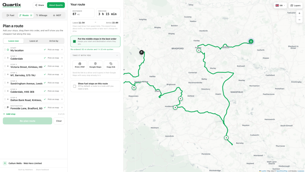 A digital map showing a multi-stop driving route with green lines connecting seven locations around Leeds, Bradford, and Halifax, labelled with letters and addresses on the left side.