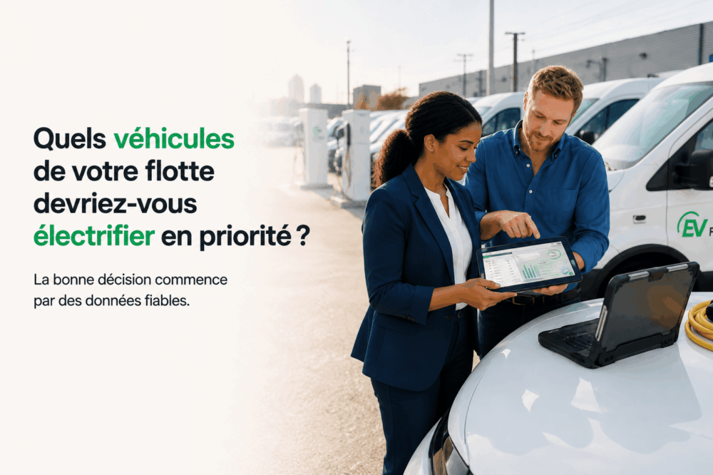 Two professionals review data on a tablet near electric vehicles and charging stations; French text discusses which flotte de véhicules électriques to electrify first.